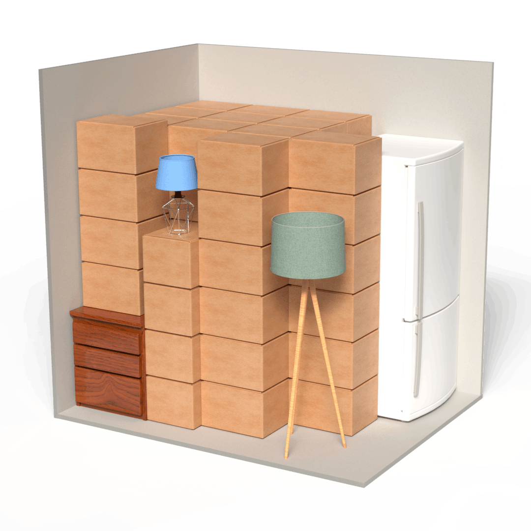3D-visualisatie van een opslagbox van 10 m³ met verhuisdozen, meubels en een koelkast.