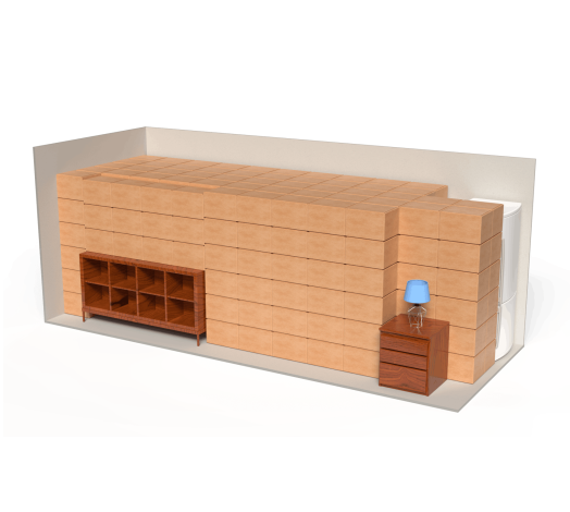 3D-visualisatie van een opslagbox van 33 m³ gevuld met verhuisdozen, meubels en huishoudelijke spullen.