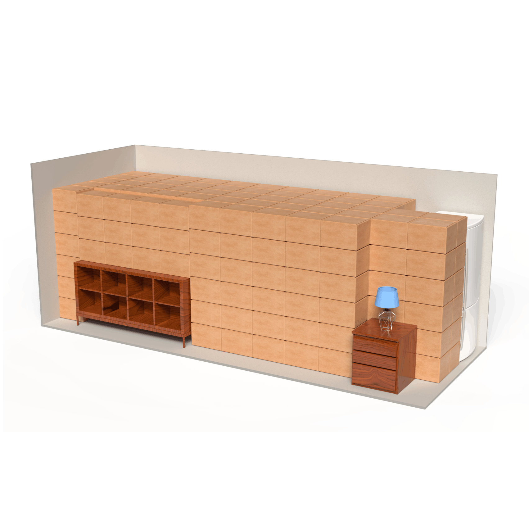 3D-visualisatie van een opslagbox van 33 m³ gevuld met verhuisdozen, meubels en huishoudelijke spullen.