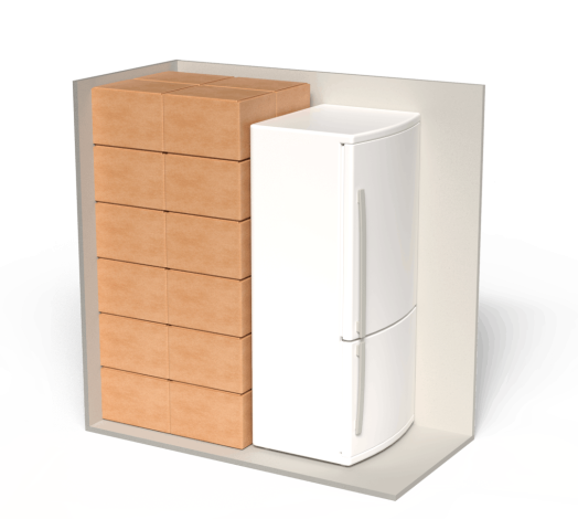3D-visualisatie van een opslagbox van 4 m³ met verhuisdozen en een koelkast.