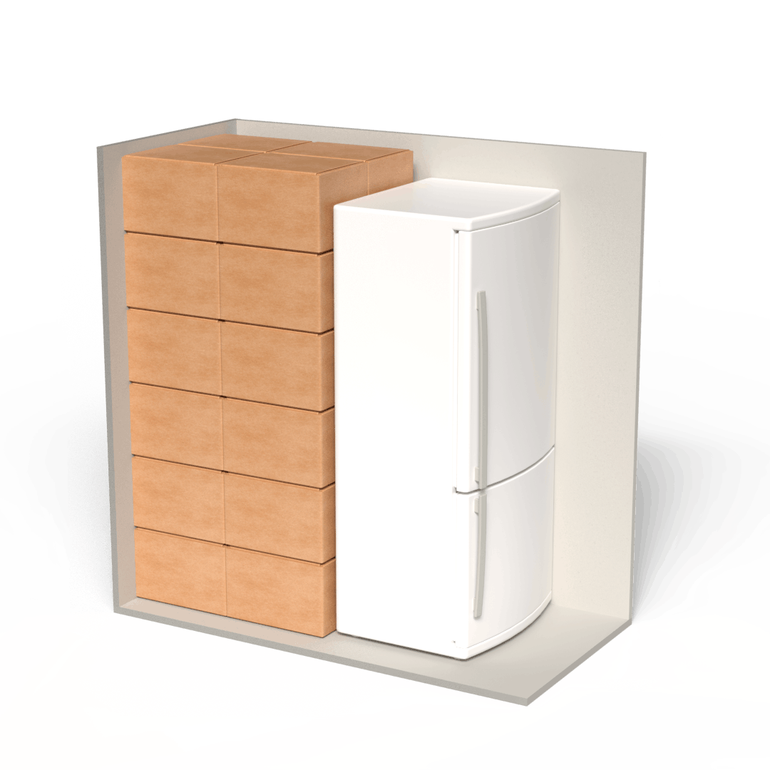3D-visualisatie van een opslagbox van 4 m³ met verhuisdozen en een koelkast.