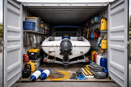 Boot veilig opgeslagen in een afgesloten container met watersportuitrusting.