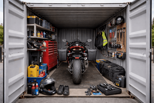 Veilige motorstalling met motorfiets en accessoires in afgesloten opslagcontainer.