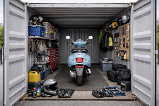 Scooter veilig opgeslagen in een afgesloten opslagcontainer met gereedschap en accessoires.