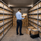 Een medewerker bekijkt archiefdozen in een zakelijke archiefopslagruimte met stellingen vol documenten.