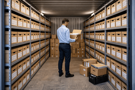 Een medewerker bekijkt archiefdozen in een zakelijke archiefopslagruimte met stellingen vol documenten.